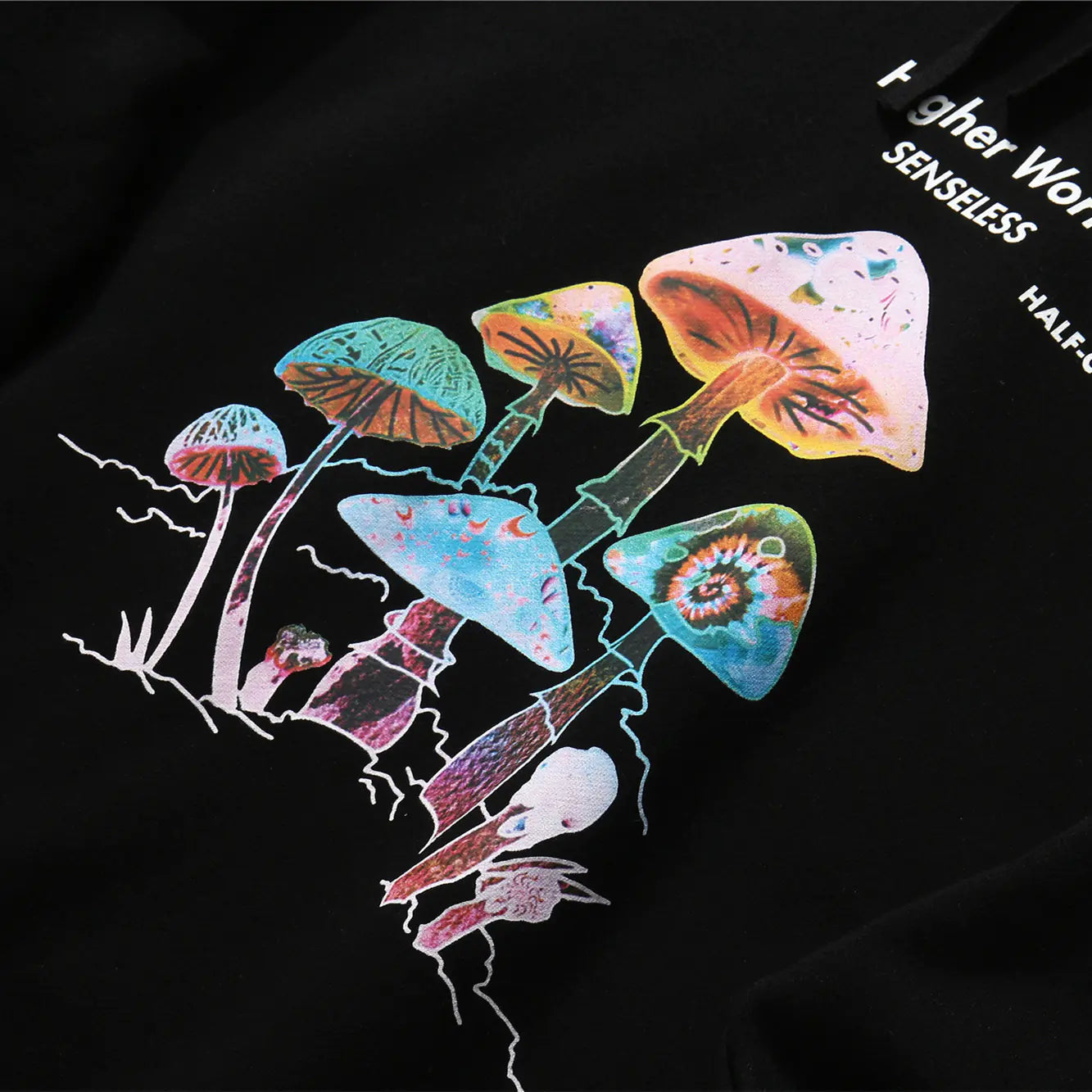 Colorful Fleece Hooded Sweatshirt with Mushroom Print