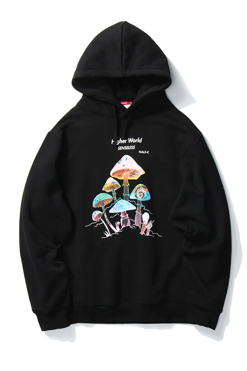 Colorful Fleece Hooded Sweatshirt with Mushroom Print