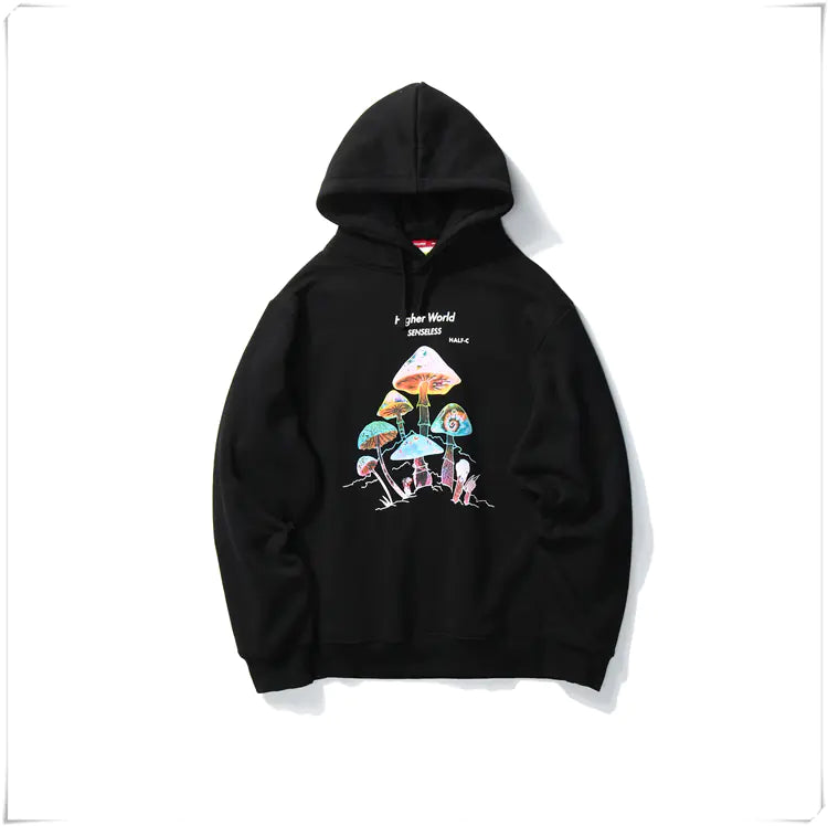 Colorful Fleece Hooded Sweatshirt with Mushroom Print