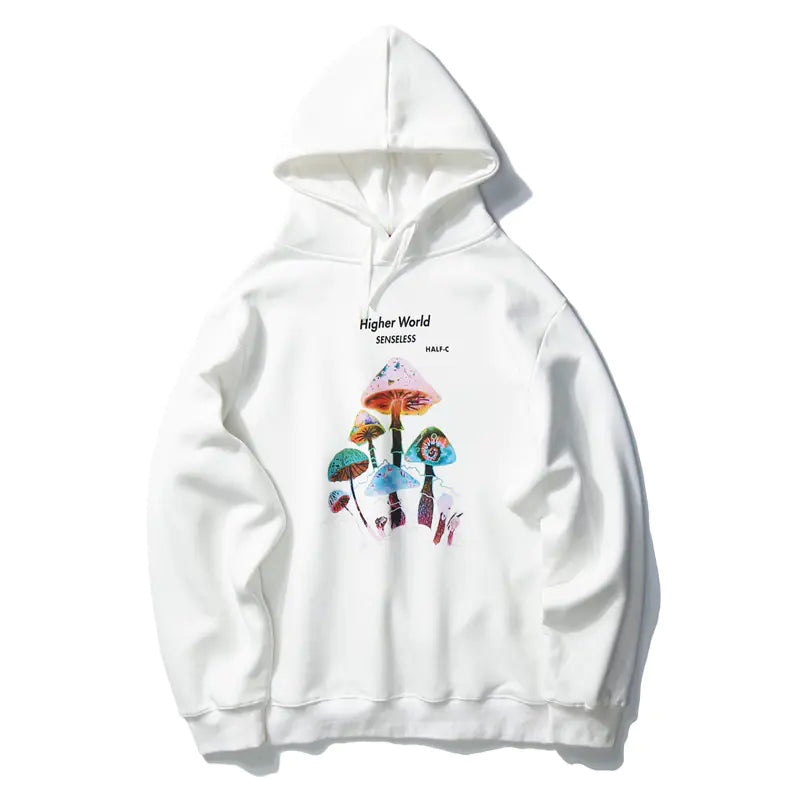 Colorful Fleece Hooded Sweatshirt with Mushroom Print