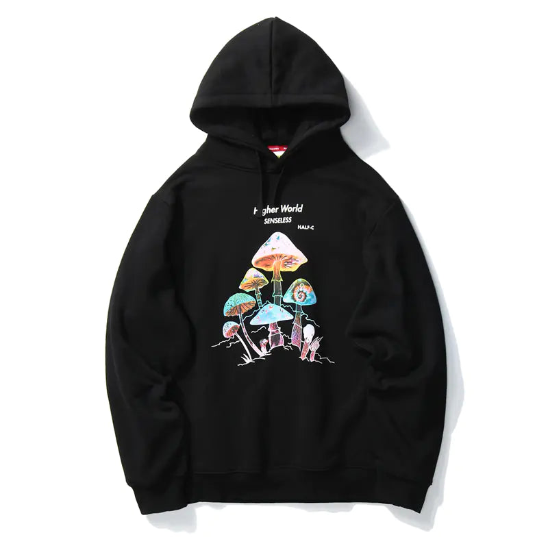 Colorful Fleece Hooded Sweatshirt with Mushroom Print