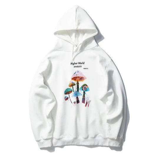 Colorful Fleece Hooded Sweatshirt with Mushroom Print